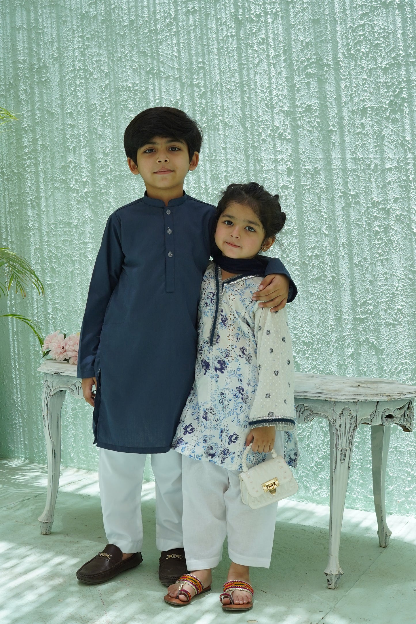 Blue-white shalwar kameez